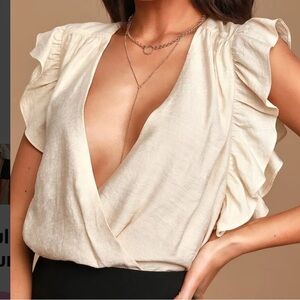 Lulu's Cream Women’s Ruffle Sleeve Wrap Bodysuit Size M